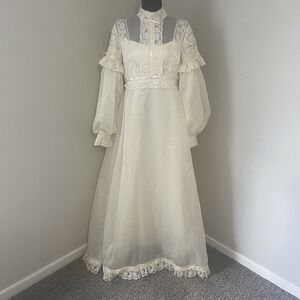 Vintage BRIDAL ORIGINALS Ivory Lace Trim Ribbon Bow Bishop Sleeve Wedding Dress